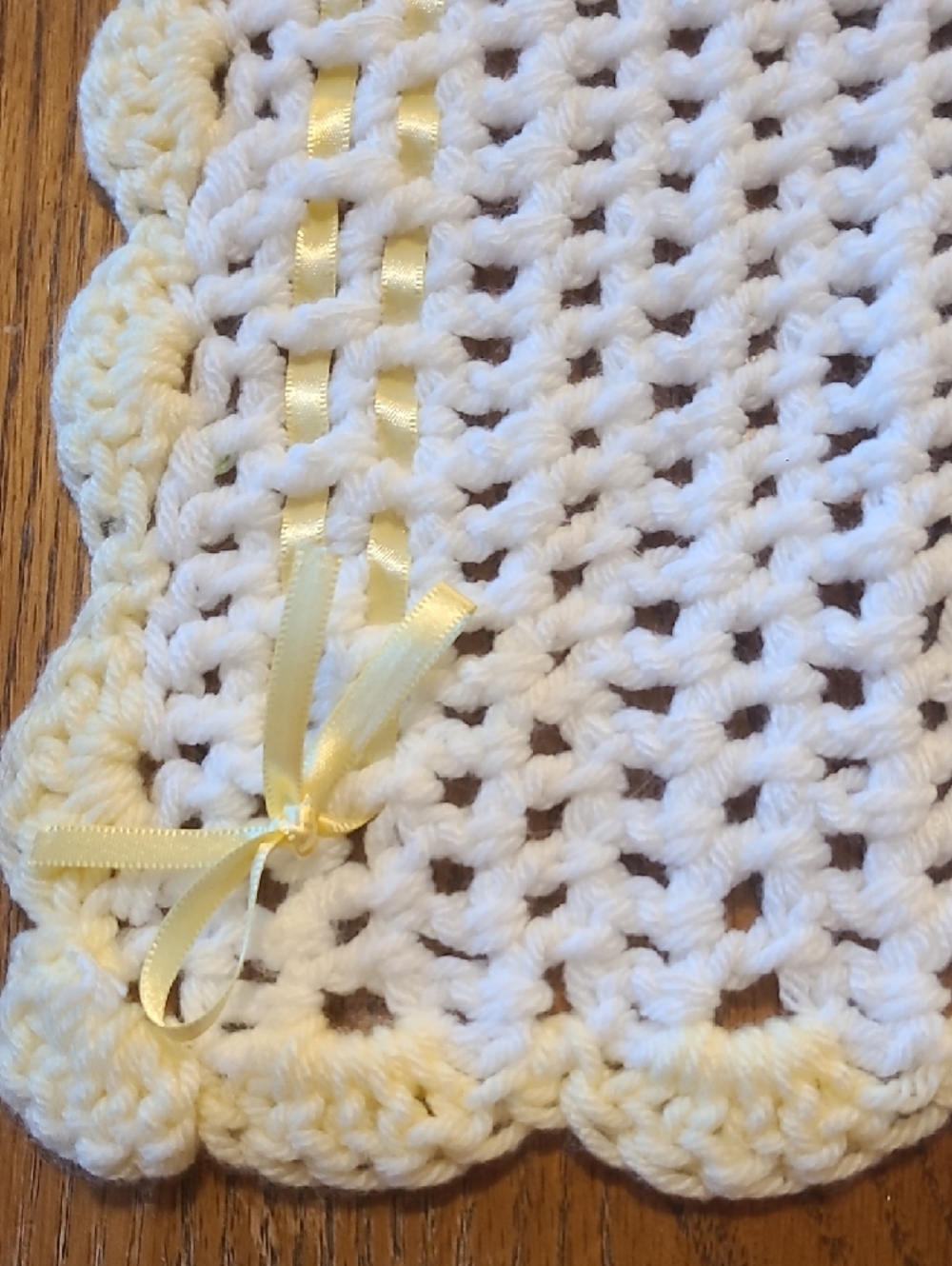 Handmade White Crocheted Baby Blanket / AfghN with Yellow Ribbon - Picture 4 of 6